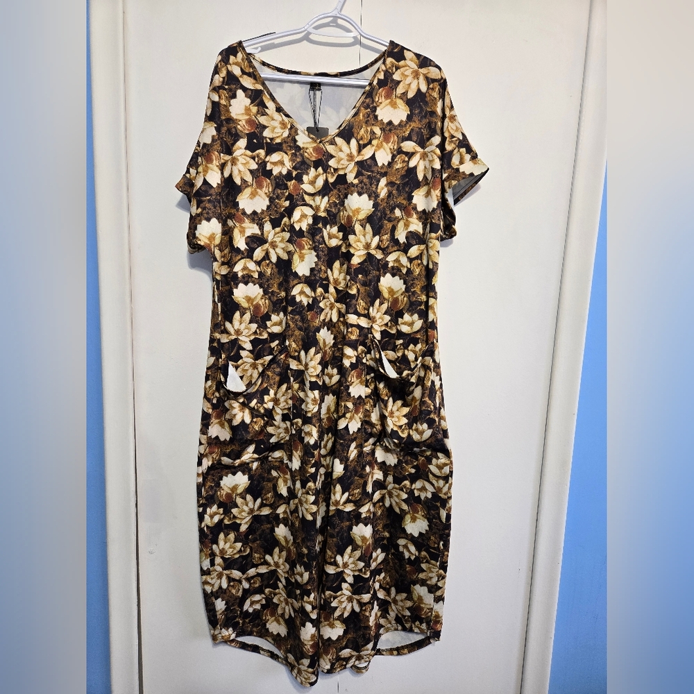 Seta T‎ Brown Floral Maxi Dress XL Short Sleeve Pockets Stretch NWT